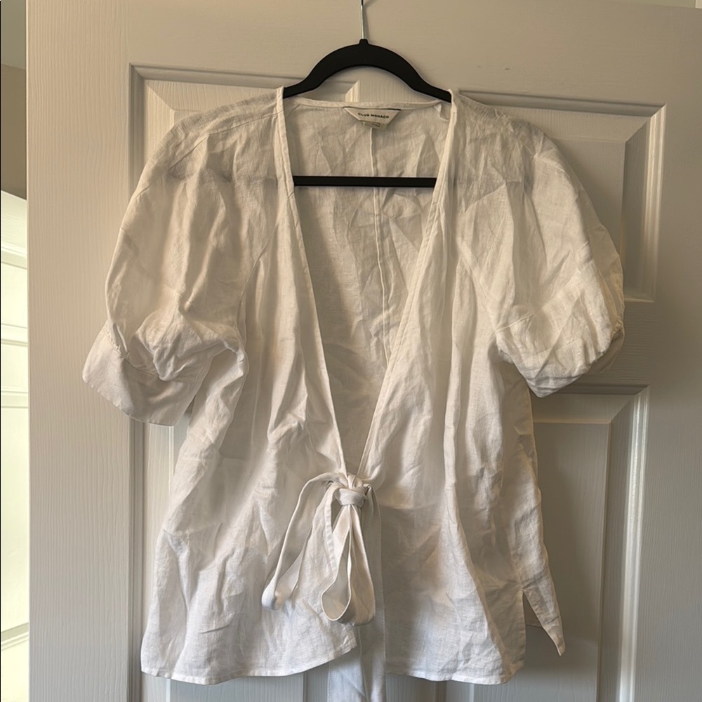 Club Monaco White Puff Sleeve Tie-Front Top